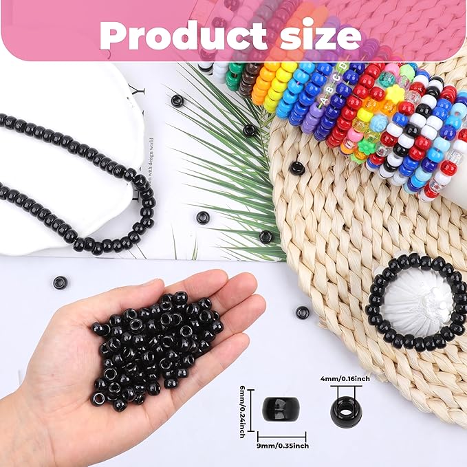 Black Pony Beads Bulk - 1000 Pcs Plastic Beads for Friendship Bracelets, Hair Braiding & Jewelry Making - 6x9mm, Large Hole