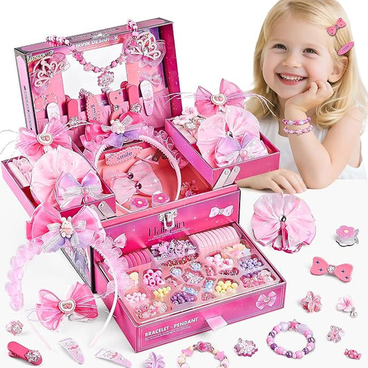 hair accessories for girls,headband set for girls ages 5-12,charm bracelet making kit 8-12,arts & crafts gift toys for girl 5 6 7 ,christmas birthday gifts for kids 8 9 10 11 12 year old girl (pink)