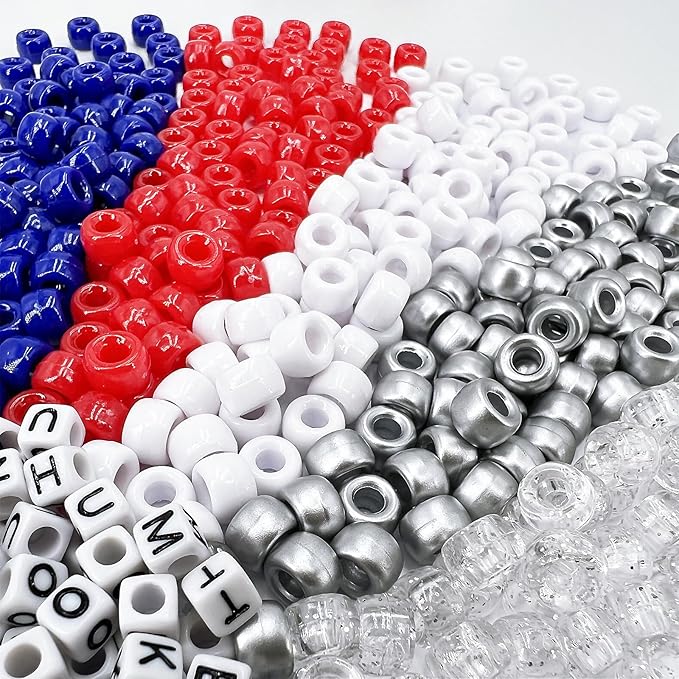 MIIIM 1300 Pcs Pony Beads Kit for Friendship Bracelet, 6 Styles Kandi Bracelet Kit in Box with Individual Compartments, Hair Beads for Braids, Letters (The 4th of July Scheme)