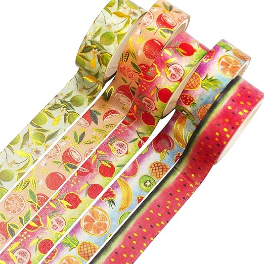 Fruits Washi Tape Set 10 Rolls Harvest Orchard Patterns Gold Decorative Tapes for Journals, Planners, Scrapbooking, Gift Wrapping, DIY Crafts (Fruits)
