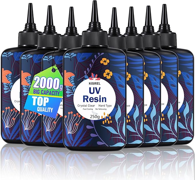 KISREL UV Resin 2000g，8 x 250g UV Resin Kit, Hard Type Crystal Clear Ultraviolet Curing UV Epoxy Resin for Craft Jewelry Making