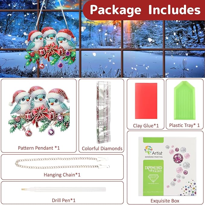 Genius maker Christmas Diamond Art Hanging Kits for Adults, Birds Diamond Painting Pendant Kits, DIY Acrylic 5D Special Shaped Crystal Diamonds Gem Art Painting Ornament for Home Wall Decor Gift