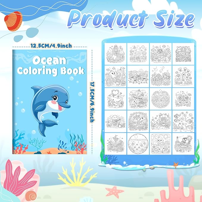 Liliful 144 Pcs Ocean Cartoons Coloring Book Bulk for Kids Mini Ocean Cartoons Theme Drawing Book with Sea Creature Shell Patterns Marine Life Goodie Bag Filler Party Favors and Holiday Gifts