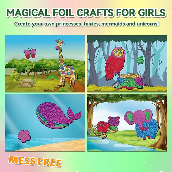 atfunshop magical foil art animals in forest farm sea & birds - no mess foil craft kit for kids ages 4 5 6 7 8 9 fun creative diy activity, ideal birthday gift for girls boys