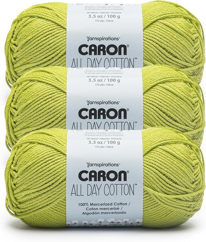 Caron All Day Cotton - 3 Pack of 173 Yards/3.52 oz Kiwi 100% Mercerized Cotton Yarn