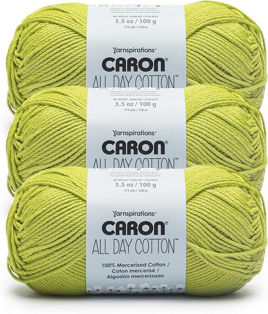 Caron All Day Cotton - 3 Pack of 173 Yards/3.52 oz Kiwi 100% Mercerized Cotton Yarn
