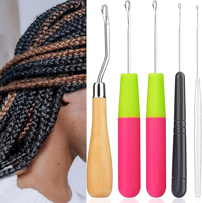 5Pcs/Sets Bent Latch Hook Crochet Hooks Hair Braiding Tools Dreadlocks Different Sizes Crocheting Weaving Needles for Hair Braiding, Rug Making and Art Crafts