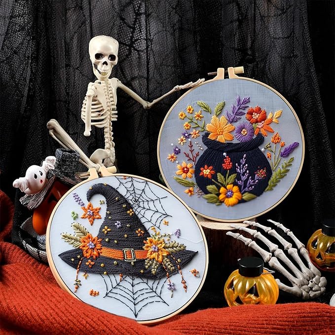 Floral Witch Hat Embroidery Kit Halloween Cross Stitch Material Set with Bat Skull Flower Pumpkin Patterns, DIY Hand Needlepoint Embroidery Craft Kit for Beginners Professional (Floral Cauldron A)