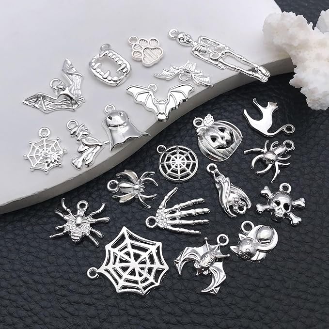 WOCRAFT 60pcs Bright Silver Halloween Charms Bracelet Charms for Jewelry Making Sets DIY Necklace Bracelet Keychain Crafting Charms Kit Craft Supplies (SN867)