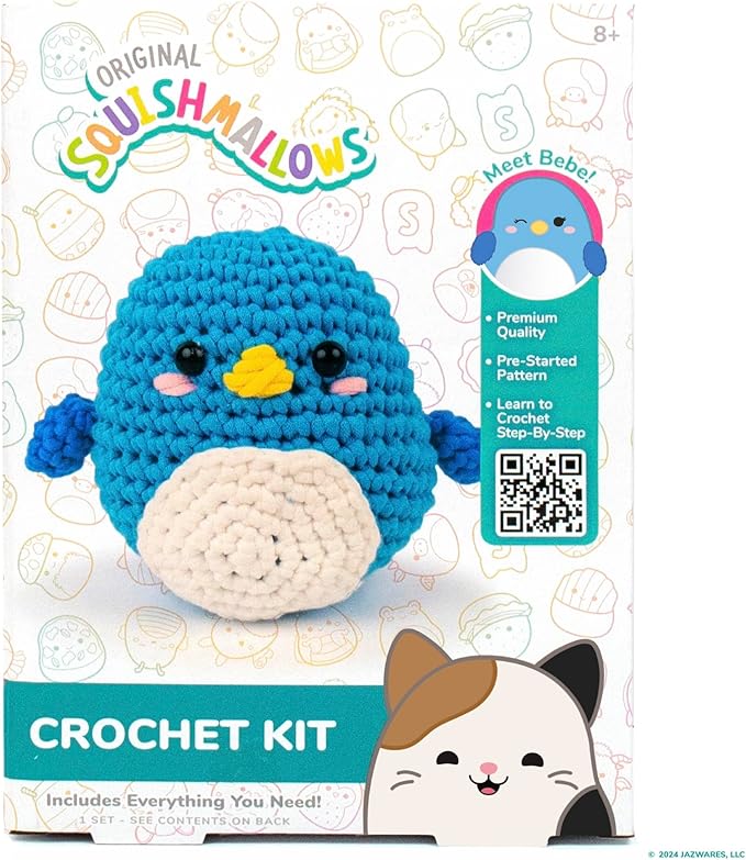Original Squishmallows Bebe the Bluebird Crochet Kit, Includes Yarn, Crochet Hook, Starter Hooks, Step-By-Step Tutorials, Exclusive Crochet Kit For Beginners, DIY Craft, Crochet Kits, Great Teen Gifts