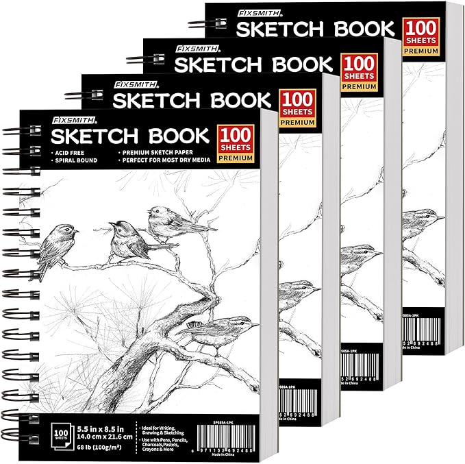 fixsmith 5.5"x8.5" sketch book | 400 sheets (68 lb/100gsm) sketchbook |acid free drawing paper | spiral bound artist sketch pad | for kids, beginners, artists & professionals | bright white
