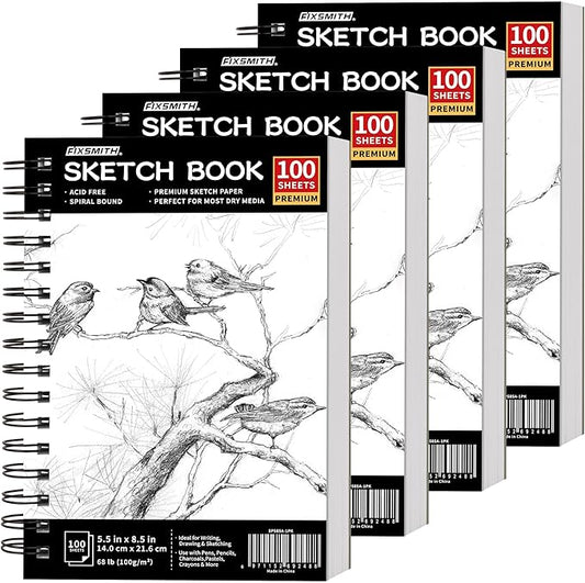 fixsmith 5.5"x8.5" sketch book | 400 sheets (68 lb/100gsm) sketchbook |acid free drawing paper | spiral bound artist sketch pad | for kids, beginners, artists & professionals | bright white