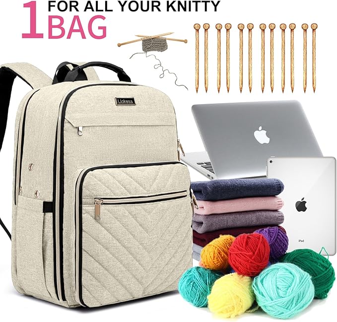 Liokesa Knitting Bag Backpack, Crochet Bag Tote, Large Yarn Storage Tote Bag with USB Charging Port, Yarn Holder Case for Carrying Projects, Knitting Needles, Yarn Supplies, Beige