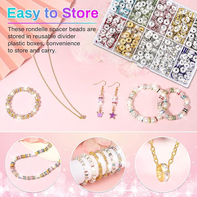 Rondelle Spacer Beads for Jewelry Making, 600 Pieces Rhinestone Spacer Beads Crystal Bead Spacers for Jewelry Making, Bracelets (10 Colors)