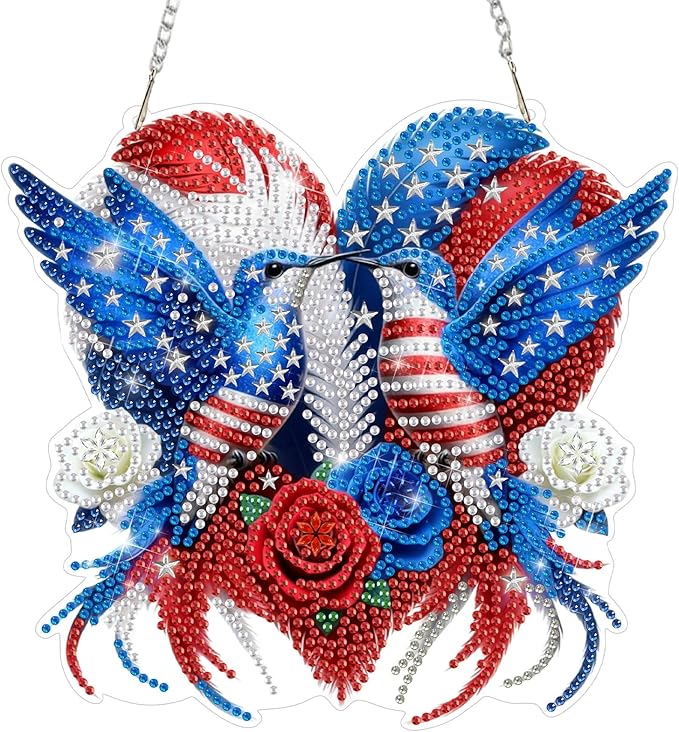 CEOVR 4th of July Hanging Diamond Art for Adults, Independence Day Hummingbird Diamond Painting Pendant DIY Gem Art Wall Hanging Ornament, Acrylic Home Garden Decor with Chain, Box Kit 7.77×7.26inch