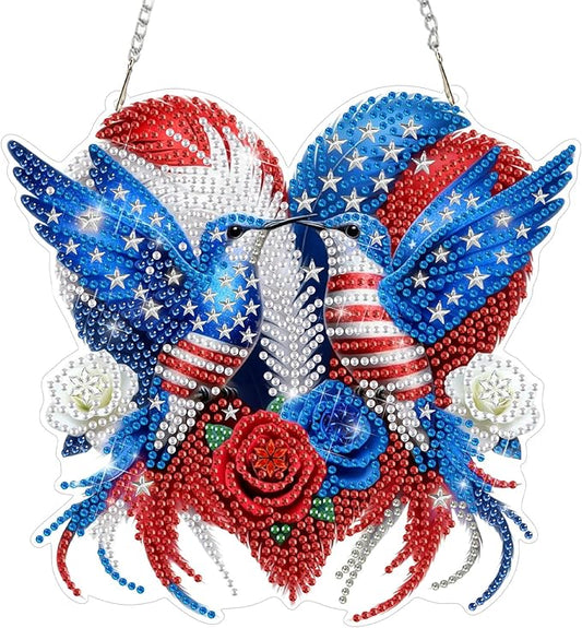 CEOVR 4th of July Hanging Diamond Art for Adults, Independence Day Hummingbird Diamond Painting Pendant DIY Gem Art Wall Hanging Ornament, Acrylic Home Garden Decor with Chain, Box Kit 7.77×7.26inch