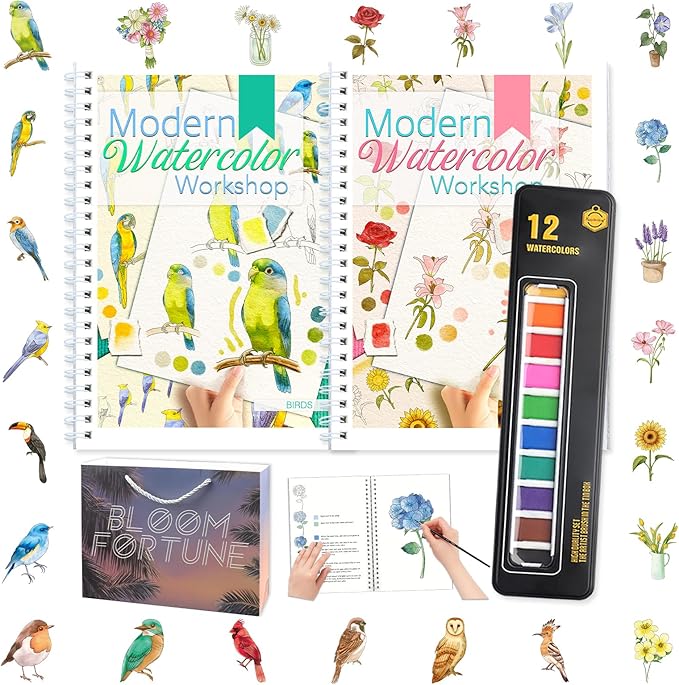 APOLYONE 2-Pack Beginner Watercolor Workbooks: 24 Coloring Pages + 12 Watercolor Paints + Brush – 300gsm/140lb Paper – Gift for Women, Adults & Beginners (Birds & Flower)