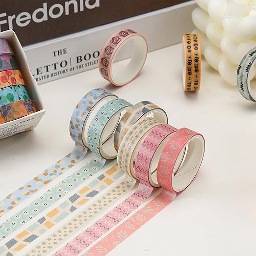 YUBX Basic Washi Tape Set 30 Rolls Cute Patterns Decorative Skinny Slim Masking Tapes for Arts, DIY Crafts, Journals, Planners, Scrapbook, Wrapping (Kawaii One)