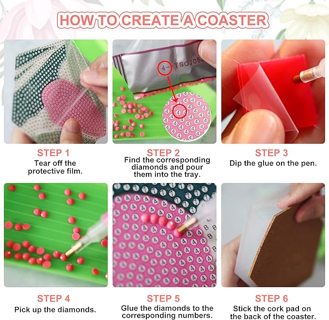 Temlum 6 Pcs Diamond Painting Coasters with Holder, Flower Diamond Art Coasters Diamond Small Painting Kits for Beginners, Adults Art Craft Supplies