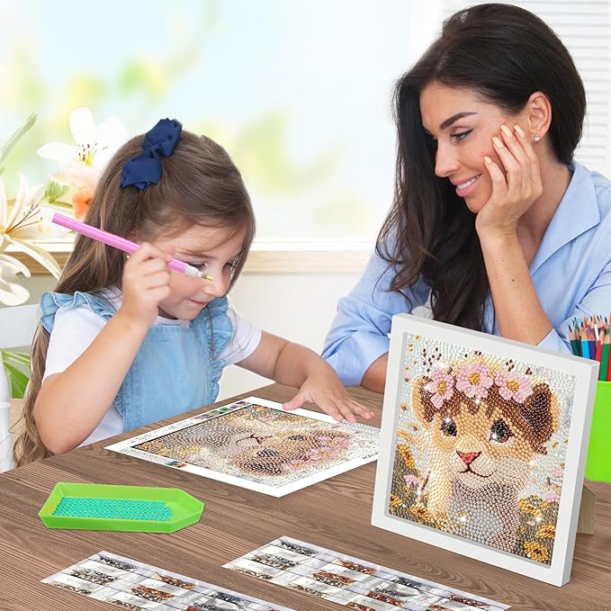 SENQAO Lion Diamond Art Kit for Adults with Frame Art and Crafts for Adults Ages 6-8 -10-12 Easy to DIY Diamond Art for Adults and Adult Beginners Home Wall Decoration 7.1x7.1inch