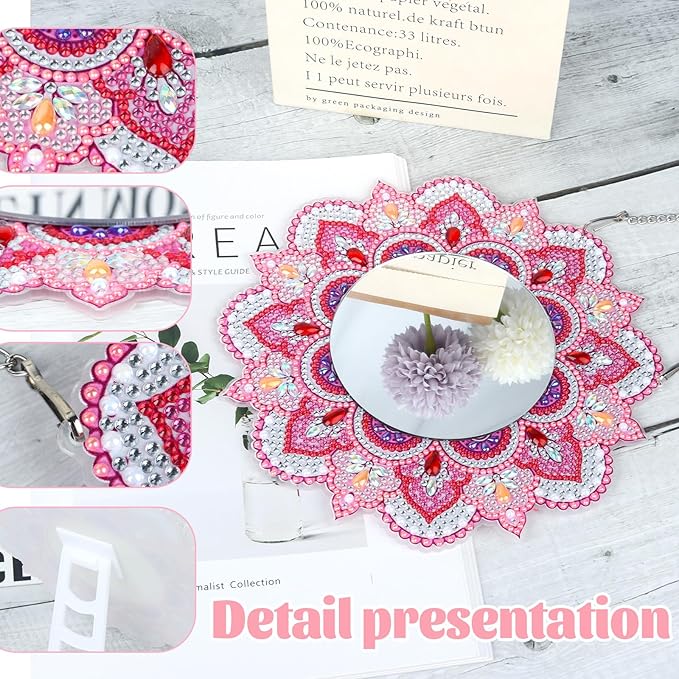 DIY Diamond Painting Mirror for Adults DIY Special Shaped Crystal Diamond Painting Kit Mirror Makeup Mirror Christmas Halloween Birthday Gifts Art Crafts Home Decor (Pink)