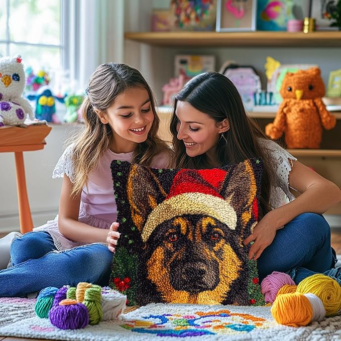 Latch Hook Pillow Kits for Adults Merry Christmas German Shepherd Dog DIY Pillow Cover Printed Pillowcase Crochet Yarns Hooking Handmade Cushion for Home Sofa Decoration 17x17inch(11)