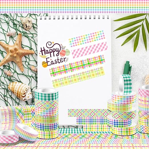 12 Rolls Happy Easter Washi Tape Set, Spring Colorful Pastel Buffalo Plaid Checkered Masking Decorative Tapes for DIY Craft Scrapbook Journals Easter Gift Wrapping School Supplies Decor 16.4FT