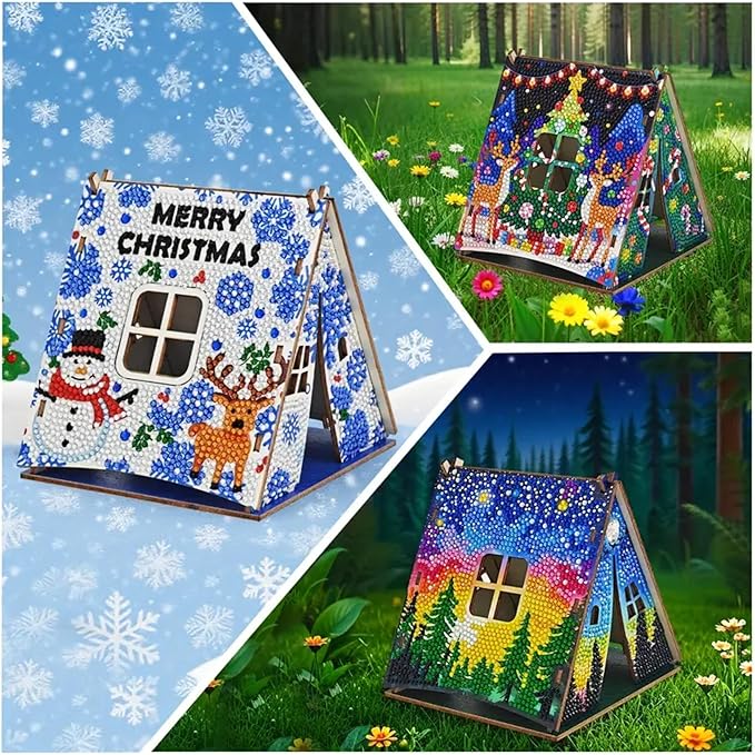 Party Ready 3D Diamond Painting Tent Craft Kit with LED Lights – Full Drill Crystal Mosaic Wood Puzzle, DIY Holiday Decorative Art for Home Display (Christmas Tent)