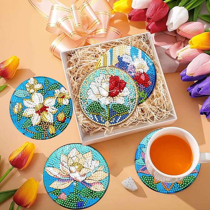 EWJRNSF 8 PCS Small Diamond Art Coasters Kits, Diamond Painting Coasters, Fall Diamond Art Kits for Adults Beginners, Arts and Crafts Item Sets with Holder for Drinks Flower Style