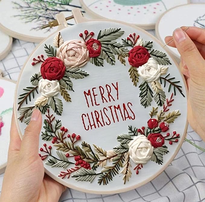 Huacan Embroidery Kits for Adults Beginner DIY Cross Stitch Stamped Christmas Pattern Stitching Wreath Sewing Kit 1 Piece 7.8 x 7.8 Inch
