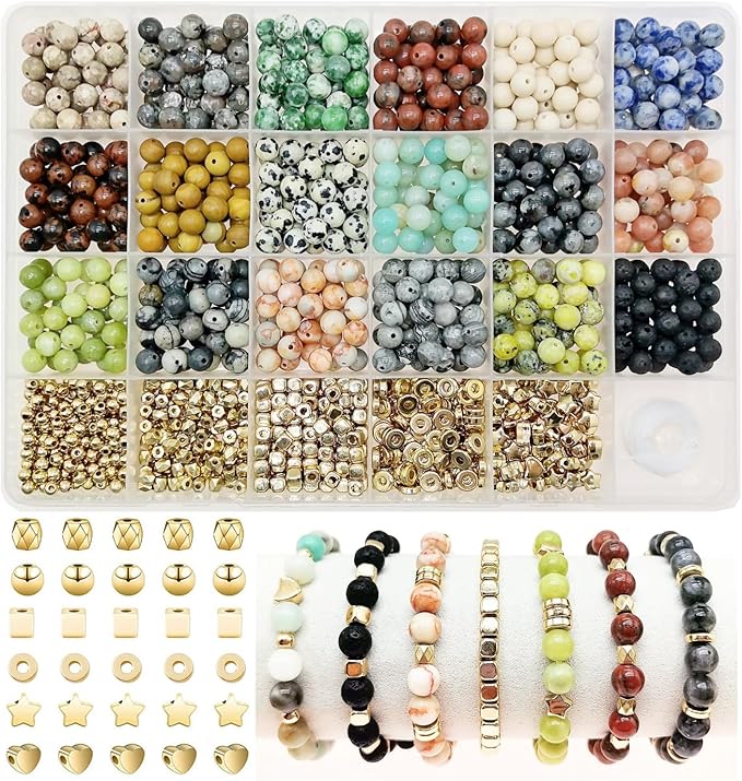 Jewelry Making Supplies Kits Natural Stone Beads Round Gemstone Beading with Spacer for DIY Craft Bracelet Necklace Earrings for Adults (6mm)