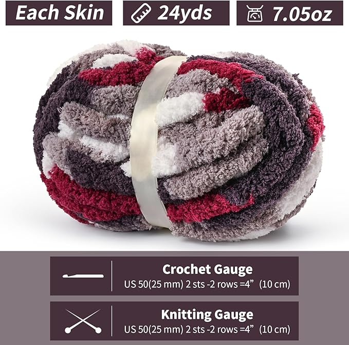 10 Pack Jumbo Chunky Yarn for Hand Knitting, Fluffy Chunky Chenille Yarn for Crocheting, Variegated Chunky Knit Baby Blanket Yarn, 240 yds /70.5 oz Super Bulky Yarn（White-Grey-Wine Red ）