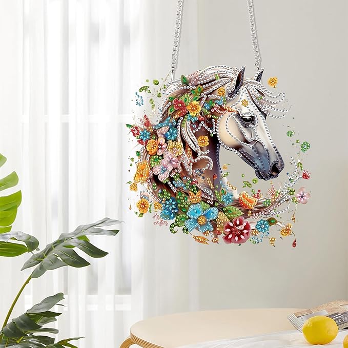Reofrey Hanging Diamond Art Kits for Adults– 8x8Inch Horses Hanging Ornament Acrylic Board Double Sided Pattern Crystal Diamond Art Suncatcher Pendant, for Home Wall Window Decoration Handmade Gift