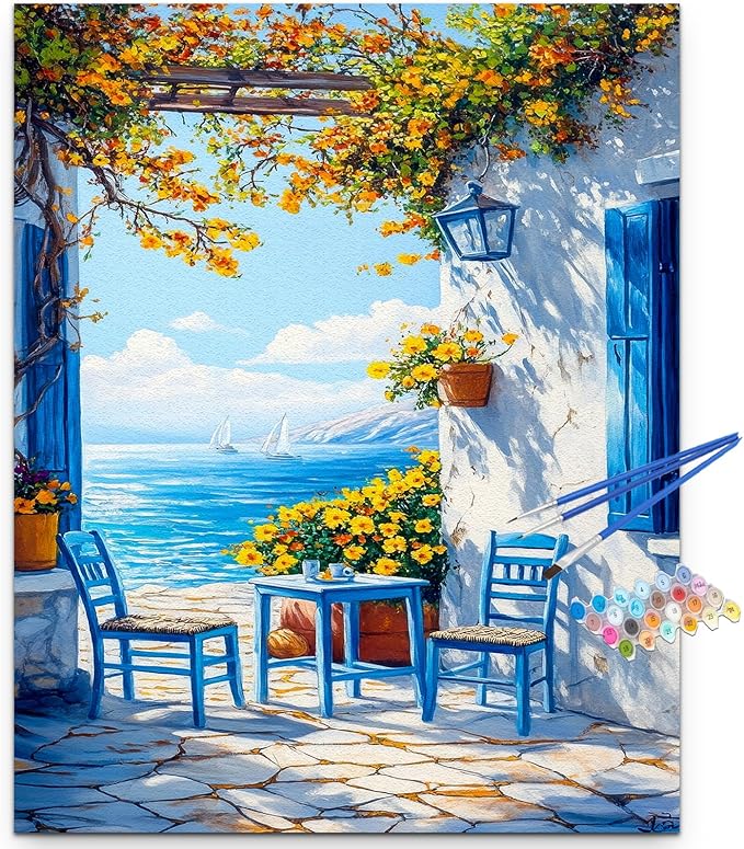 Artunion Mediterranean Greek Island Paint by Numbers Kit for Adults,Santorini Landscpe Paint by Number Kits,DIY Oil Painting Paint by Number Kits on Canvas Arts Craft for Home Wall Decor 16x20 Inch
