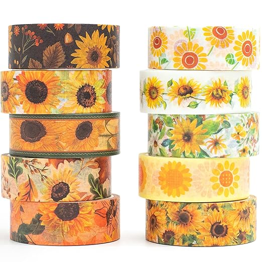YUBX Sunflower Washi Tape Set 10 Rolls Floral Print Decorative Sun Flowers Masking Tapes for Arts, DIY Crafts, Journals, Planners, Scrapbook, Wrapping