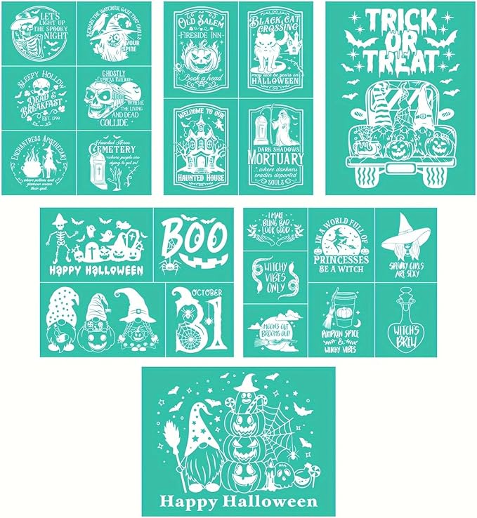 DGAGA 6PCS Halloween Silk Screen Stencils Reusable Skull Self Adhesive Chalk Mesh Stencil Trick or Treat Silkscreen Transfers for Painting on Wood,Craft,DIY Screenprinting Starter Kit for Chalk Paste
