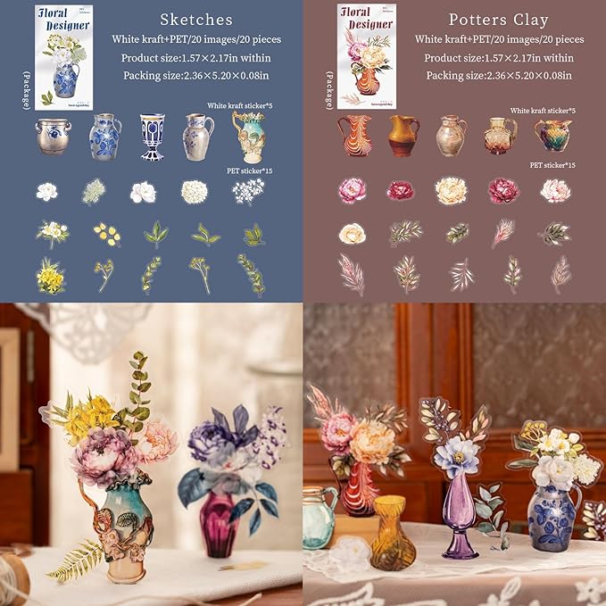 Doukado 120 Pieces Vintage Colorful Flower Themed Scrapbook Stickers, 6 Pack Aesthetic Floral Vase Decorative Stickers for Scrapbooking, Journaling, Creative Journal Supplies and DIY Crafts
