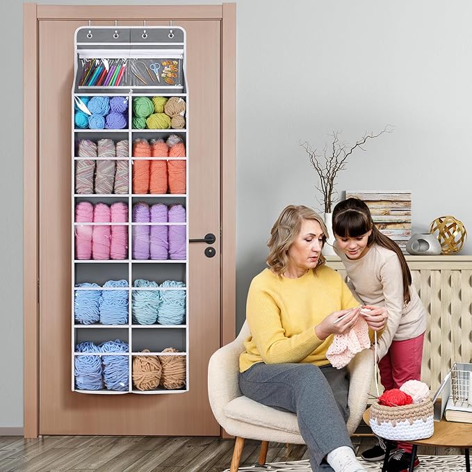Univivi 6 Tiers Hanging Yarn Storage Organizer, Large Knitting Organizer with 12 Deep Clear Pockets & 10 Mesh Side Pockets, Over The Door Yarn Holder for Crochet Hooks, Knitting Needles, Grey