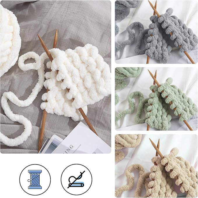 MABOZOO Assorted Chunky Yarn for Crocheting 8 Pack,Fluffy Jumbo Chenille Yarn,Soft Plush Yarn Bulky,Giant Thick Fuzzy Yarn for Hand or Arm Knitting,Cream & Khaki&Sage&Grey(31.7 yds,8 oz Each Skein)