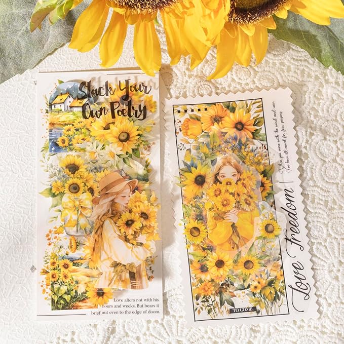 TIAMECH Journey to The Light PET Stickers - 180 Pcs Sunshine Sunflower Landscape Design, Waterproof Sticker for Journaling & Scrapbooking, Junk Journal Supplies, Ephemera & DIY Crafts