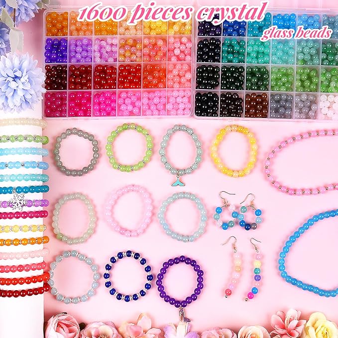 Wuollgess 1700Pcs 8mm Glass Beads for Bracelet Making Kit, 48 Colors Crystal Round Beads for Jewelry Making DIY Crafts Gifts Set for Teens Adults Beginners, 2 Box