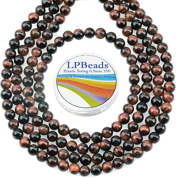 LPBeads 200Pcs Polished 6mm Round Natural Brown Red Tiger Eye Gemstone Loose Beads with Stretch Cord for Jewelry Making Bracelets