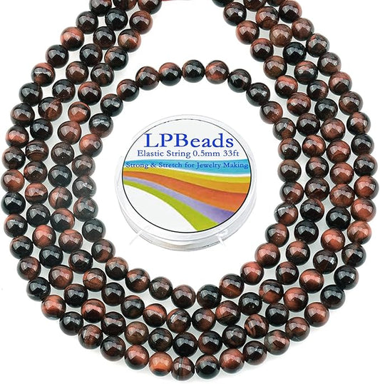 LPBeads 200Pcs Polished 6mm Round Natural Brown Red Tiger Eye Gemstone Loose Beads with Stretch Cord for Jewelry Making Bracelets