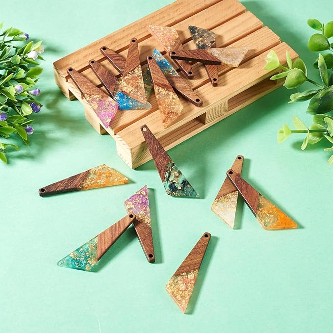 Beadthoven Colorful Resin Long Triangle Charms for Earrings Making, 16pcs/8 Pairs Resin Wood Charms with Gold Foil Hanging Ornaments Wooden Pieces for Jewelry Making Necklace Bookmarks DIY Crafts