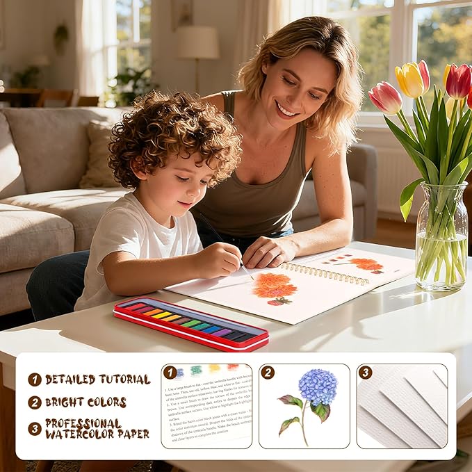 Watercolor Workbook for Adults, Beginner Friendly Watercolor Painting Kit Flowers Water Coloring Book, Nature-Themed Practice Art Gift Water Color Paint Book with Palette and Brush