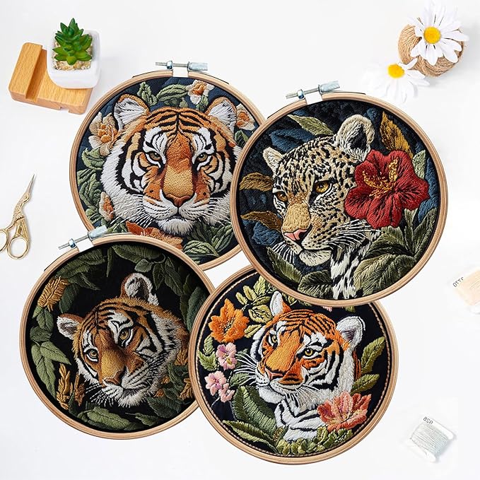 LB 4 Pack Wildlife Animal Leopard Embroidery Kit for Beginners Green Leaf Beginner Embroidery Kit for Adults DIY Starter Kit with Embroidery Hoop Colorful Threads Tools Step by Step Instructions