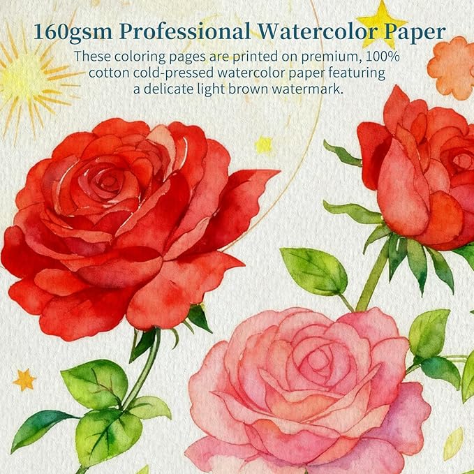 Elfew Flower & Landscape Watercolor Workbook, Watercolor Coloring Books for Adults & Beginners, 20 Pattern with 160gsm No-Bleed Cold-Pressed Paper（No Paints Included）