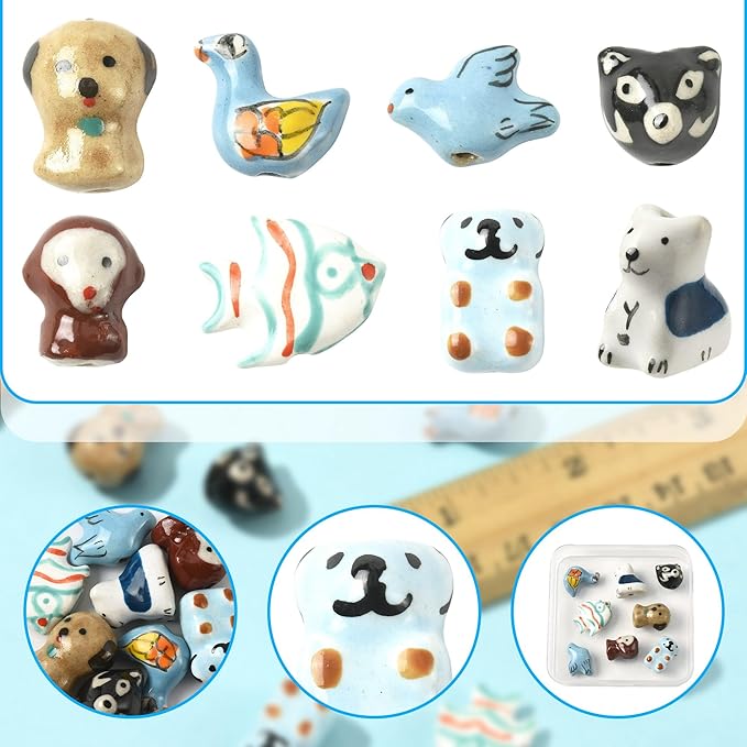 8Pcs Ceramic Porcelain Beads for Bracelets Making 8 Styles Monkey Wolf Dog Bear Fish Bird Handmade Famille Rose Ceramic Spacer Beads for DIY Jewelry Necklaces Earrings Keychains Crafting