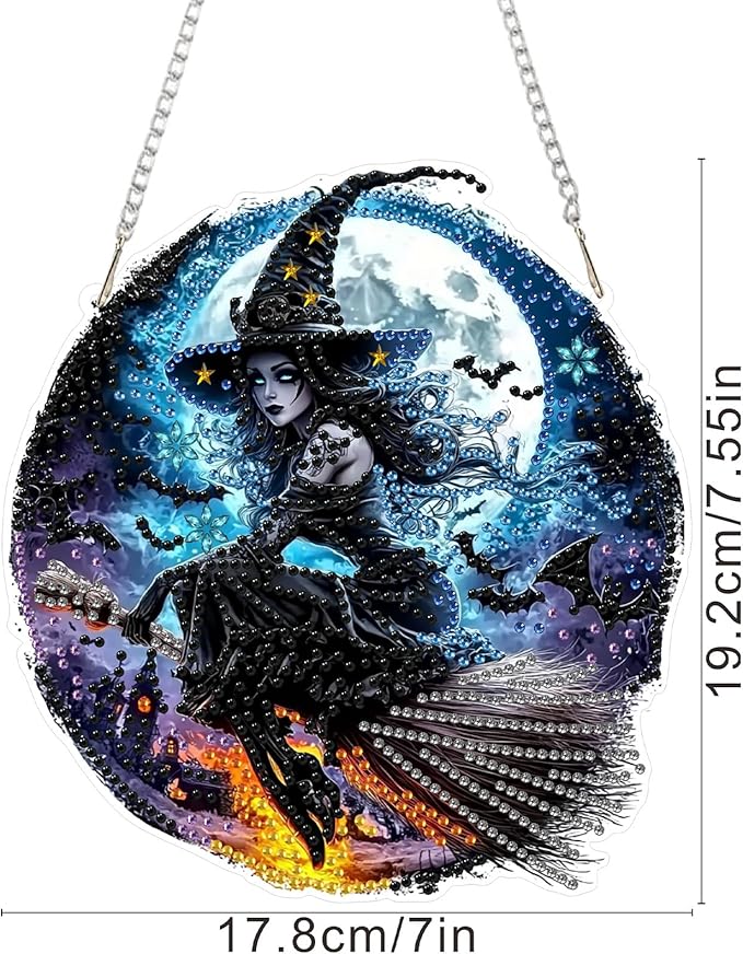 SENQAO Halloween Diamond Art Hanging Kits for Adults Beginners, DIY Acrylic 5D Special Shaped Crystal Diamond Gem Art Painting Hanging Ornament for Home Wall Decor and Gift（Retro Witch）