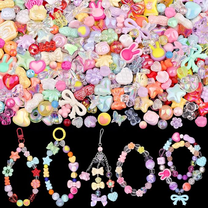 200-260pcs tinkrstuff assorted acrylic beads mixed colors cute beads for bracelet making, bow aesthetic gummybear flower butterfly kawaii charms for jewelry making diy necklace keychain phone charm